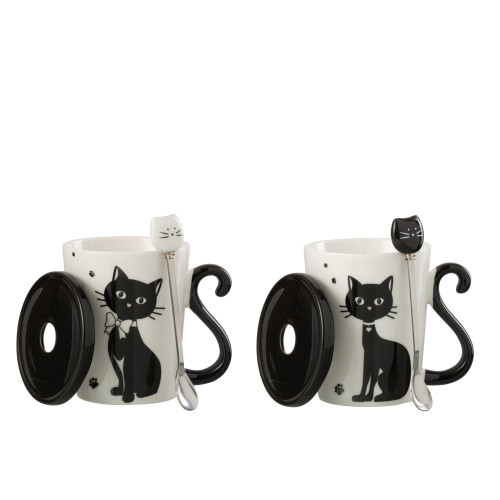 Чашки в форме котиков комплект из двух  J-LINE кошка и кот с бантиком с ложечкой и крышкой 350 мл Бельгия
